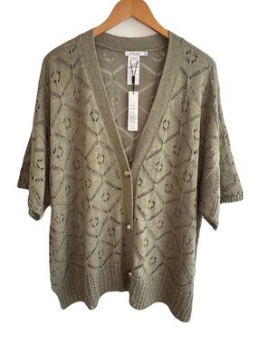 NWT Chico's Sage Green Open Weave Short-Sleeve Button Cardigan Sweater XXL